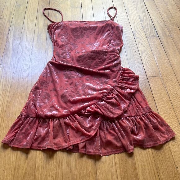Intimately Free People Size S Pink Blush Velvet Floral Ruffled Mini Dress - Picture 2 of 15